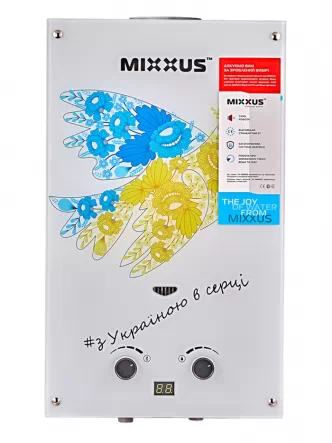 Газова колонка MIXXUS GWH-0610 BASIC GLASS димохідна 10 л/хв (скляна палень з малюнком)