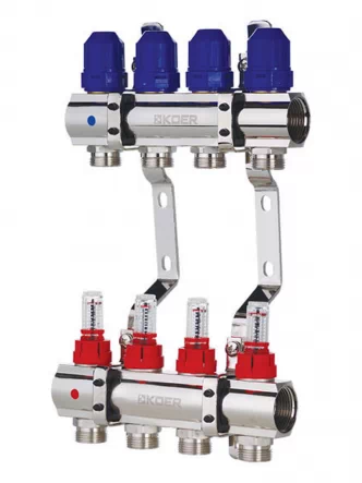 Колектор із витратомірами KOER KR.1110-04 - 1”x4 WAYS без євроконусів