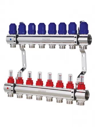 Колектор із витратомірами KOER KR.1110-08 - 1”x8 WAYS без євроконусів