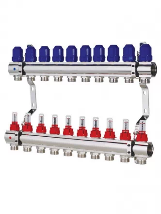 Колектор із витратомірами KOER KR.1110-10 - 1”x10 WAYS без євроконусів