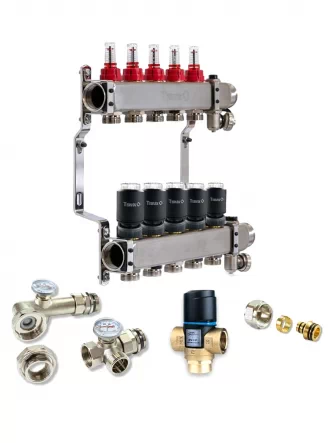 Колектор для теплої підлоги TERVIX на 5 контурів з клапаном ATM Afriso, змішувальним вузлом та приводами 521105