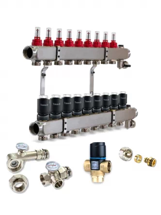 Колектор для теплої підлоги TERVIX на 9 контурів з клапаном ATM Afriso, змішувальним вузлом та приводами 521109