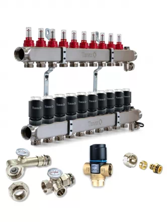 Колектор для теплої підлоги TERVIX на 10 контурів з клапаном ATM Afriso, змішувальним вузлом та приводами 521110