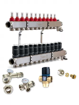 Колектор для теплої підлоги TERVIX на 11 контурів з клапаном ATM Afriso, змішувальним вузлом та приводами 521111