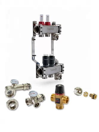 Колектор для теплої підлоги TERVIX на 2 контури з клапаном TMV, змішувальним вузлом та приводами 522102