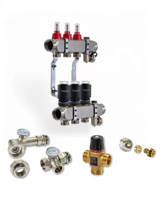 Колектор для теплої підлоги TERVIX на 3 контури з клапаном TMV, змішувальним вузлом та приводами 522103