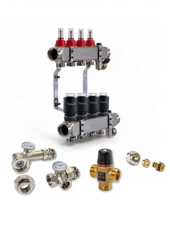  Колектор для теплої підлоги TERVIX на 4 контури з клапаном TMV, змішувальним вузлом та приводами 522104