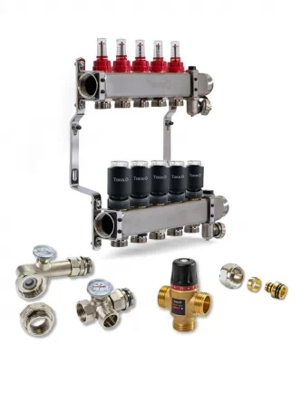 Колектор для теплої підлоги TERVIX на 5 контурів з клапаном TMV, змішувальним вузлом та приводами 522105