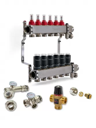 Колектор для теплої підлоги TERVIX на 6 контурів з клапаном TMV, змішувальним вузлом та приводами 522106