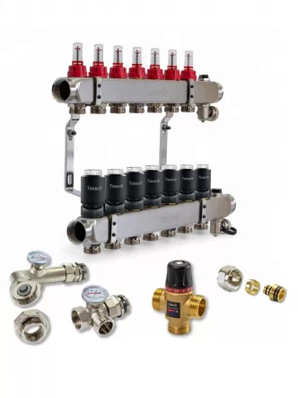 Колектор для теплої підлоги TERVIX на 7 контурів з клапаном TMV, змішувальним вузлом та приводами 522107
