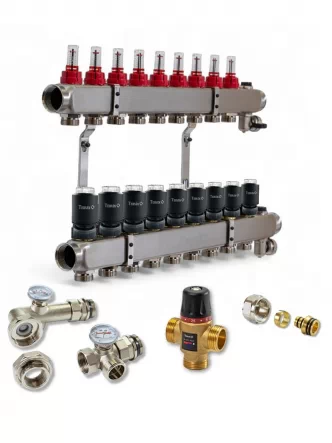 Колектор для теплої підлоги TERVIX на 9 контурів з клапаном TMV, змішувальним вузлом та приводами 522109