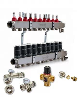 Колектор для теплої підлоги TERVIX на 10 контурів з клапаном TMV, змішувальним вузлом та приводами 522110