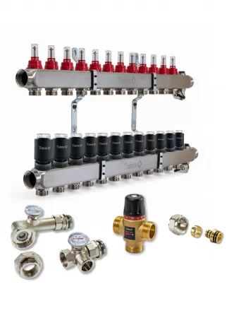 Колектор для теплої підлоги TERVIX на 12 контурів з клапаном TMV, змішувальним вузлом та приводами 522112