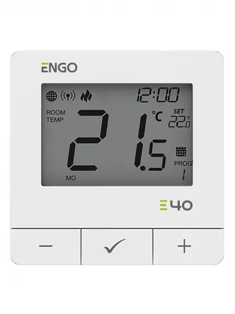 Програмований інтернет терморегулятор ENGO E40-230W три варіанти підключення:  2 бездротових ZigBee+868 МГц і дротовий COM-NO, живлення  230 В, білий